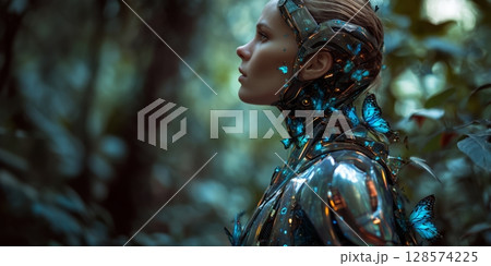 Futuristic Female Robot Surrounded by Butterflies in a Lush Forest Environment Captured During Twilight 128574225