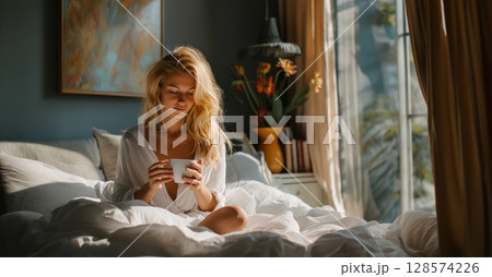 Morning Coffee Moment in a Cozy Bedroom With Warm Sunlight Streaming Through the Window 128574226