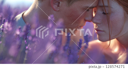 Couple with foreheads touching, sharing a tender and intimate moment amidst a beautiful lavender field. Perfect for themes of love, romance, serenity, and natural beauty 128574271