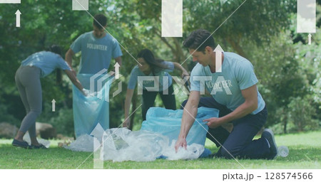 Image of white arrows over diverse happy group picking up rubbish in countryside Image of white arrows over diverse happy group picking up rubbish in countryside 128574566