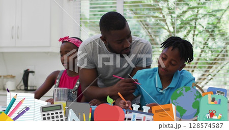 Multiple school concept icons against african american father helping his son with his homework Multiple school concept icons against african american father helping his son with his homework 128574587