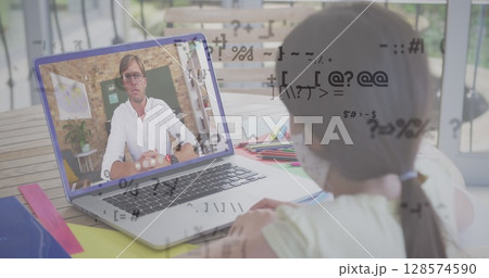 Changing mathematical symbols against caucasian girl having a image call with male teacher on laptop 128574590