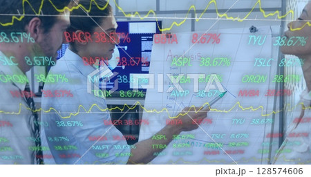 Image of financial data processing over diverse business people Image of financial data processing over diverse business people 128574606