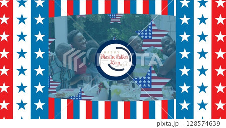 Image of happy martin luther king day text over african american family having dinner Image of happy martin luther king day text over african american family having dinner 128574639
