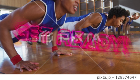 Image of get ready text with diverse basketball players at gym 128574647