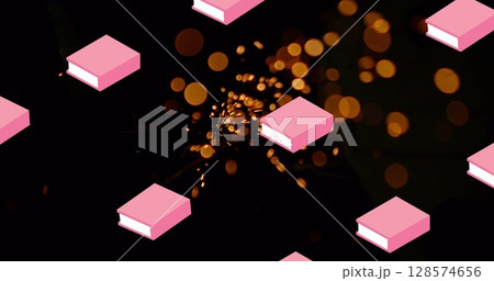 Image of book icons over yellow spots on black background 128574656