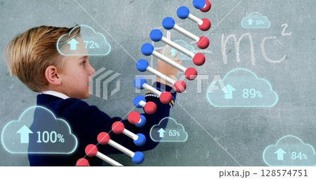 Image of dna strand and clouds with data processing over caucasian schoolboy 128574751