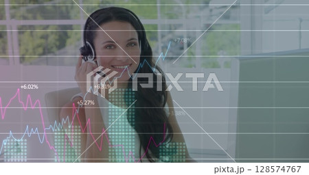 Image of data processing over smiling caucasian businesswoman using phone headset Image of data processing over smiling caucasian businesswoman using phone headset 128574767