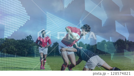Image of arrows over diverse male rugby players playing at stadium 128574821
