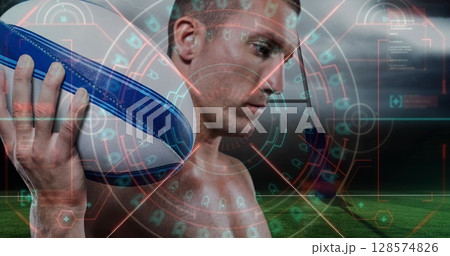 Image of scope scanning over caucasian male rugby player with ball at stadium 128574826