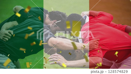 Image of flag of italy and confetti over diverse male rugby players playing at stadium Image of flag of italy and confetti over diverse male rugby players playing at stadium 128574829