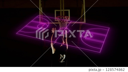 Neon basketball court layout against african american male basketball player practicing basketball Neon basketball court layout against african american male basketball player practicing basketball 128574862