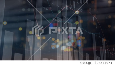 Image of statistics and financial data processing over out of focus city road lights 128574974