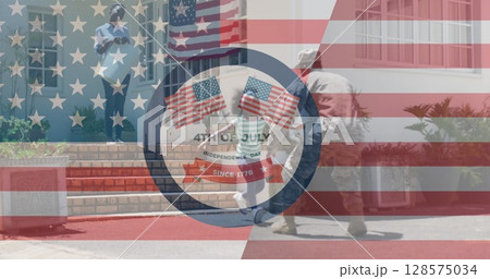 Independence day text banner against african american soldier in uniform hugging his daughter Independence day text banner against african american soldier in uniform hugging his daughter 128575034