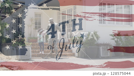 Independence day text banner against african american soldier in uniform walking with his daughter 128575044