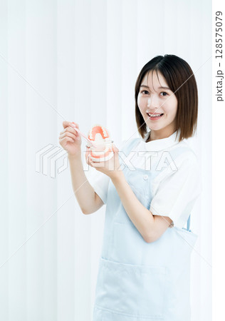 歯ブラシと歯の模型を持つ歯科スタッフの女性 歯ブラシと歯の模型を持つ歯科スタッフの女性 128575079