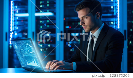 An IT support specialist uses a tablet while working in a server room. The concept of network management, data security, and technology maintenance. Generative AI. An IT support specialist uses a tablet while working in a server room. The concept of network management, data security, and technology maintenance. Generative AI. 128575203
