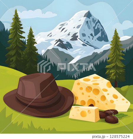 Graphic post with swiss cheese chocolate mountain scenery and traditional hat flat vector 128575224