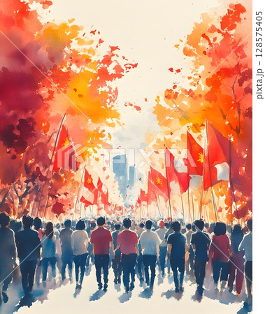 watercolor art of people waving singapore flags, festive atmosphere 128575405