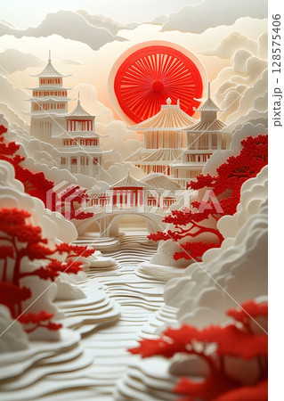layered paper cut of singapore landmarks for national day, red white palette 128575406