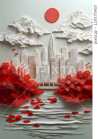 layered paper cut of singapore landmarks for national day, red white palette 128575407