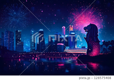 national day social post with vector fireworks and singapore merlion icon 128575408