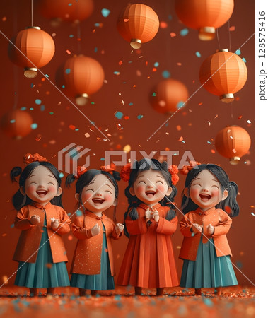 children celebrating national day in paper cut style with confetti 128575416