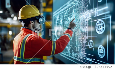 Worker navigating complex blueprints with AR...のイラスト素材 [128575592] - PIXTA