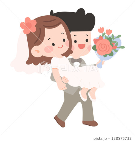 Cartoon Illustration of Groom Carrying Bride 128575732
