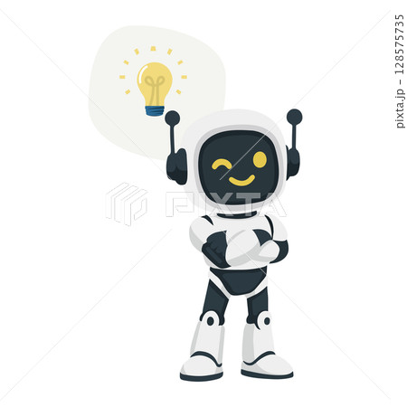 Cartoon Robot with Light Bulb Idea 128575735