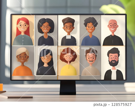 Multinational team connected via virtual meeting with interactive avatars 128575927