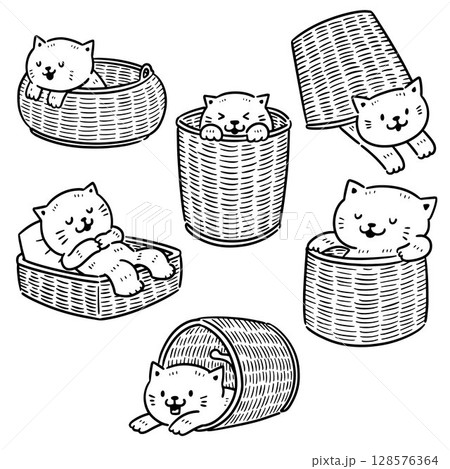 vector set of cat and wicker basket vector set of cat and wicker basket 128576364