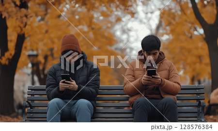 Two Young Men Sitting on a Bench in a Park During Autumn, Absorbed in Their Phones While Surrounded by Colorful Foliage 128576384
