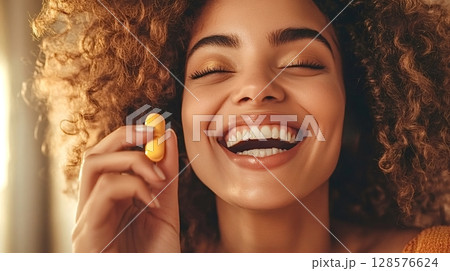 Happy woman holding vitamin pill and smiling with closed eyes Happy woman holding vitamin pill and smiling with closed eyes 128576624