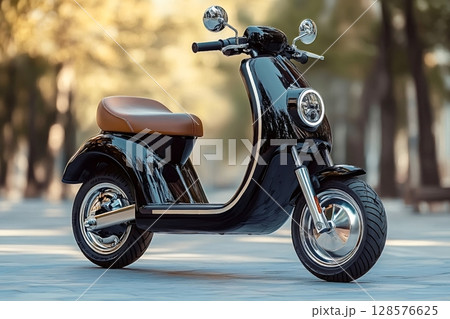 Stylish electric scooter parked on a city street blending retro design 128576625