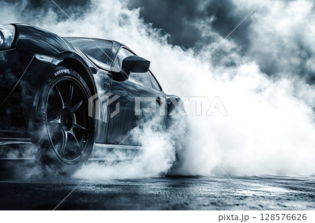 Black sports car burning rubber and generating smoke on asphalt Black sports car burning rubber and generating smoke on asphalt 128576626