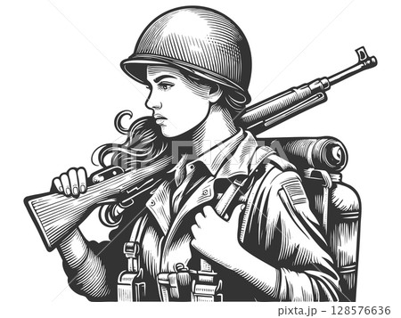 Female Soldier with Rifle vector illustration 128576636