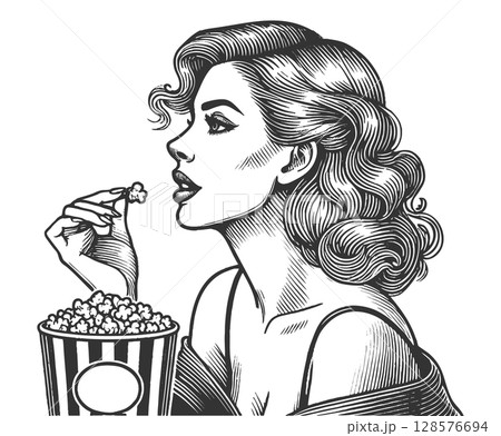 Glamorous Woman Eating Popcorn engraving raster 128576694