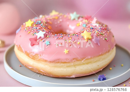 Delicious pink donut with star sprinkles on a plate Delicious pink donut with star sprinkles on a plate 128576768