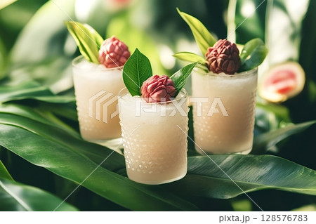 Tropical cocktails resting on lush green palm leaves Tropical cocktails resting on lush green palm leaves 128576783