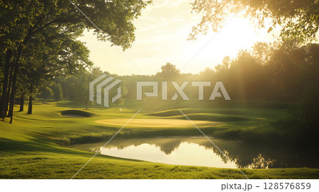 peaceful golf scene with deer crossing course 128576859