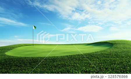 minimal golf green field and flag background 128576866
