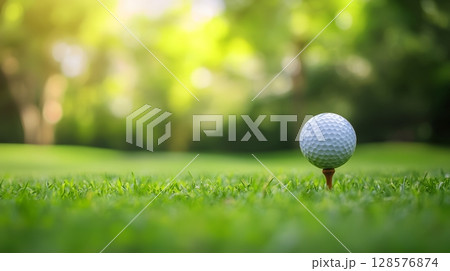 golf ball on tee with blurred trees background 128576874
