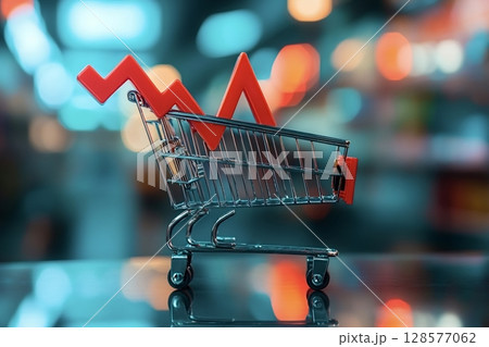 Red arrow pointing down in a shopping cart symbolizing decreasing sales 128577062