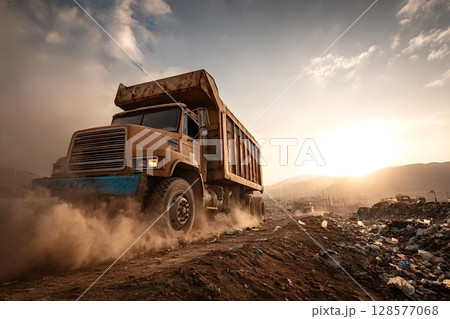 Dump truck leaving landfill site at sunset raising dust 128577068