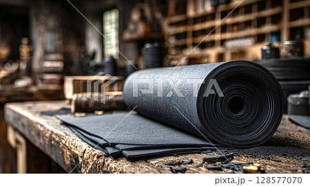 Roll of roofing felt and several layers lying on workbench in workshop 128577070