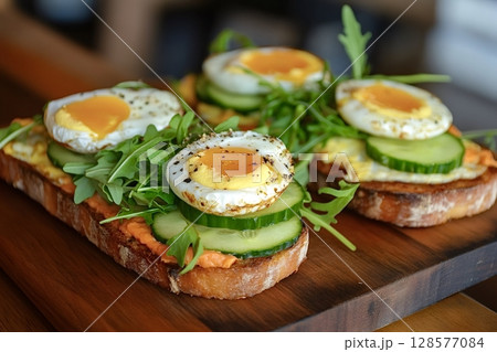 Breakfast toast with soft boiled egg, cucumber and arugula on wooden board Breakfast toast with soft boiled egg, cucumber and arugula on wooden board 128577084