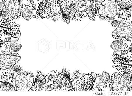 Strawberry ripe garden berries full and cut in half, flowers in water dew drops hand drawn in vector ink. Isolated border frame. Home preserves, food packaging, recipe book menu, gardening calendar Strawberry ripe garden berries full and cut in half, flowers in water dew drops hand drawn in vector ink. Isolated border frame. Home preserves, food packaging, recipe book menu, gardening calendar 128577116