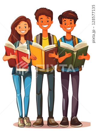 white background with animated students holding...のイラスト素材 [128577135 ...