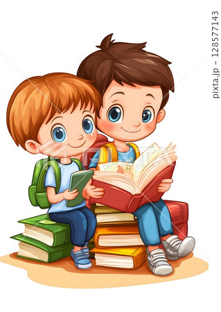 3D cartoon style back to school with kids reading together 128577143